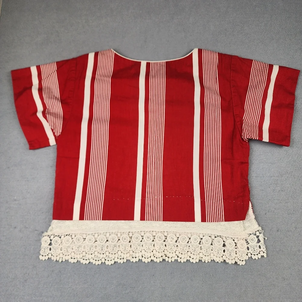 Vintage Petite Lanz Red Cream Stripe Blouse Lace - Picture 4 of 12